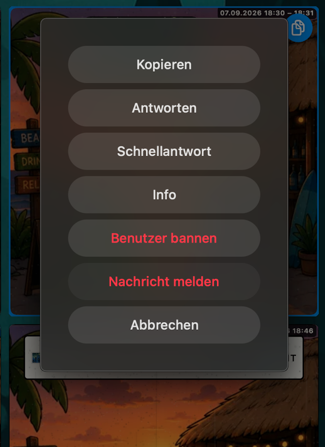 Menü in SeeBubble mit den Einträgen Nachricht melden und Benutzer bannen